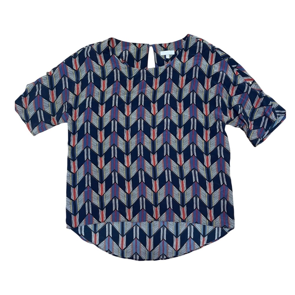 Ellie Kai‎ 100% Silk  Blouse Chevron Print High Low Navy Blue Orange Size 8